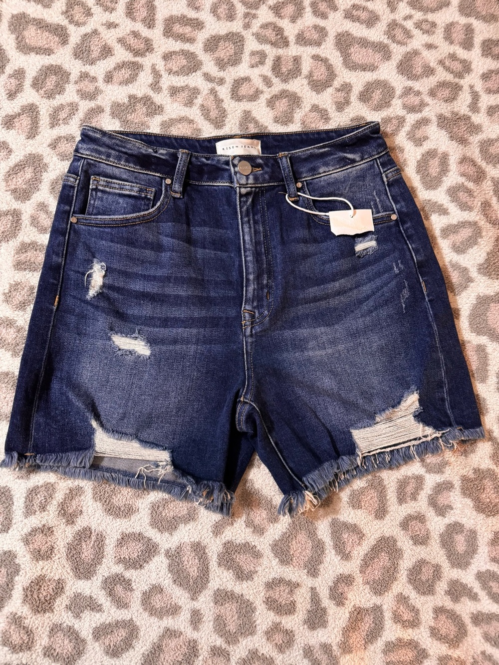 High-Rise Distressed Jean Shorts in Dark Blue by LUSH TENCEL